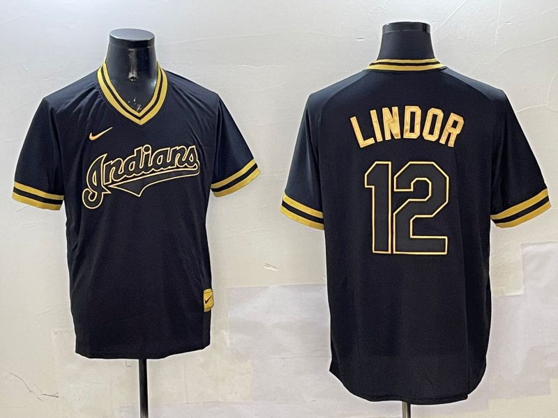 Men Cleveland Indians #12 Lindor Black Gold Game 2025 Nike MLB Jersey style 1